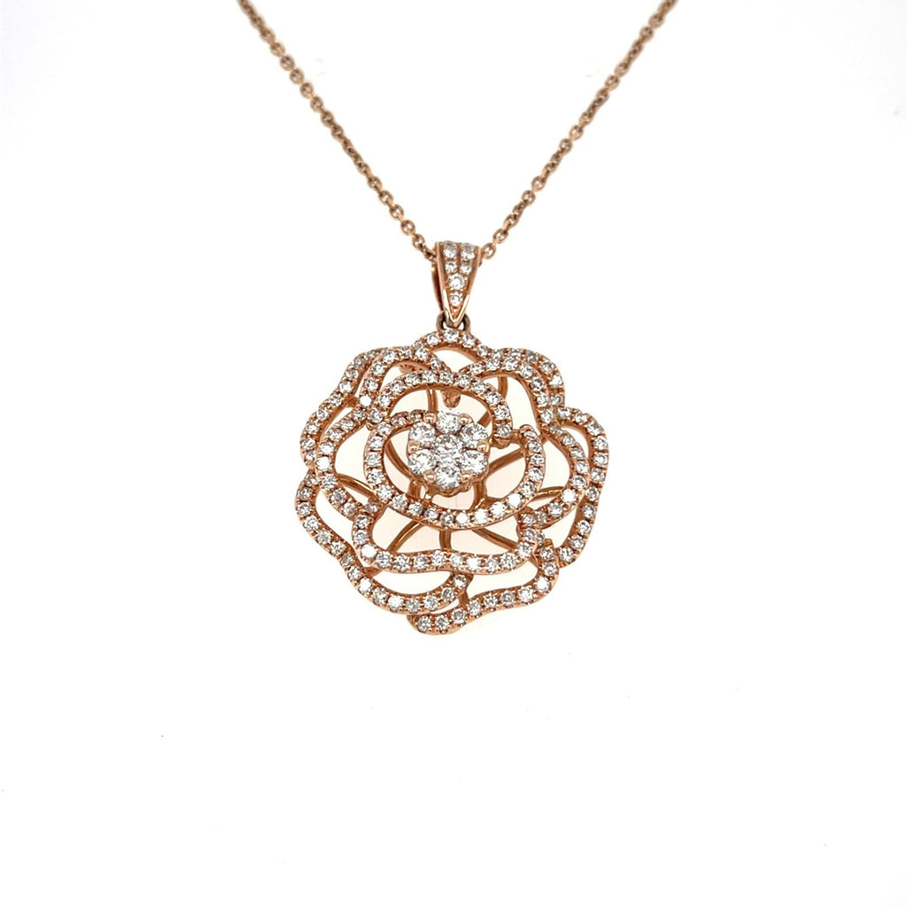 14K Rose Gold Openwork Rose Pendant Simon G. 1.76 ctw Diamonds 15” Chain