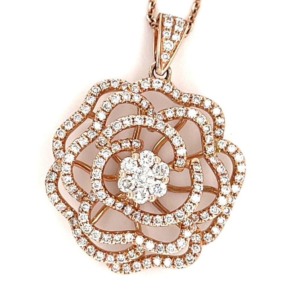 14K Rose Gold Openwork Rose Pendant Simon G. 1.76 ctw Diamonds 15” Chain