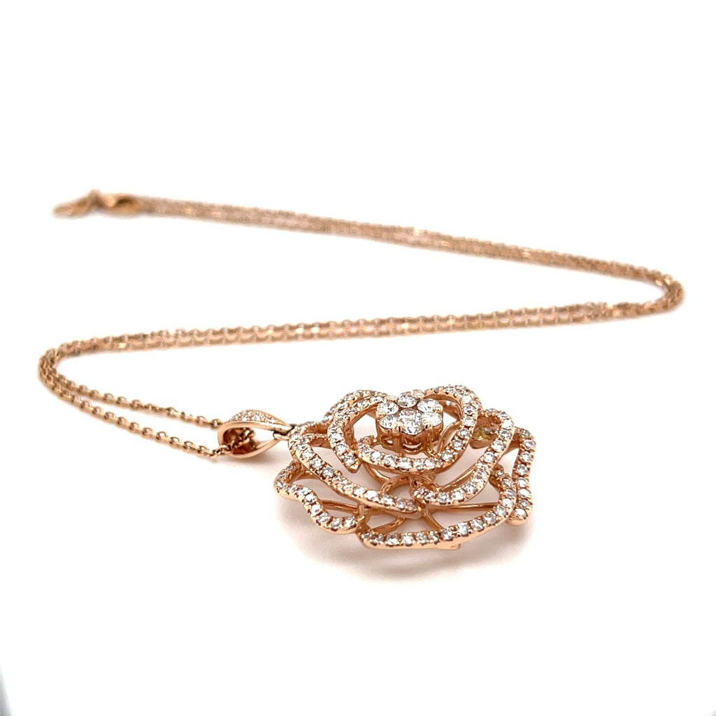 14K Rose Gold Openwork Rose Pendant Simon G. 1.76 ctw Diamonds 15” Chain