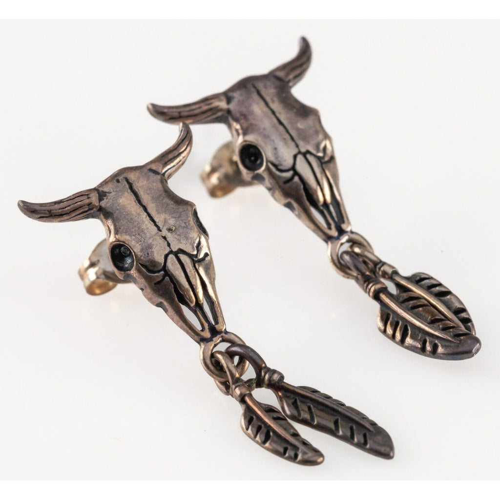 Masha southwestern Design Steer Skull & Feather Earrings in Sterling