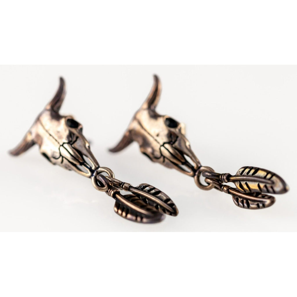 Masha southwestern Design Steer Skull & Feather Earrings in Sterling