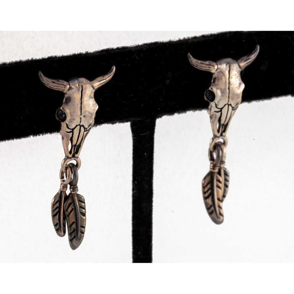 Masha southwestern Design Steer Skull & Feather Earrings in Sterling