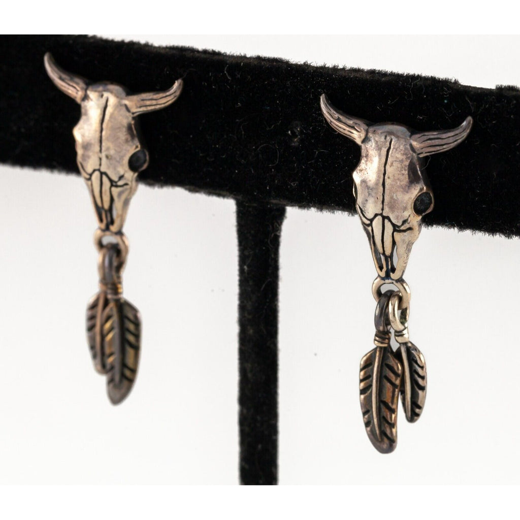 Masha southwestern Design Steer Skull & Feather Earrings in Sterling