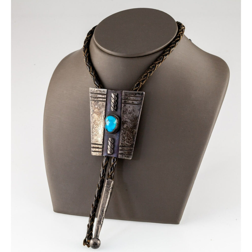 Sterling Silver Turquoise Bolo Tie with Braided Leather One Missing Aglet