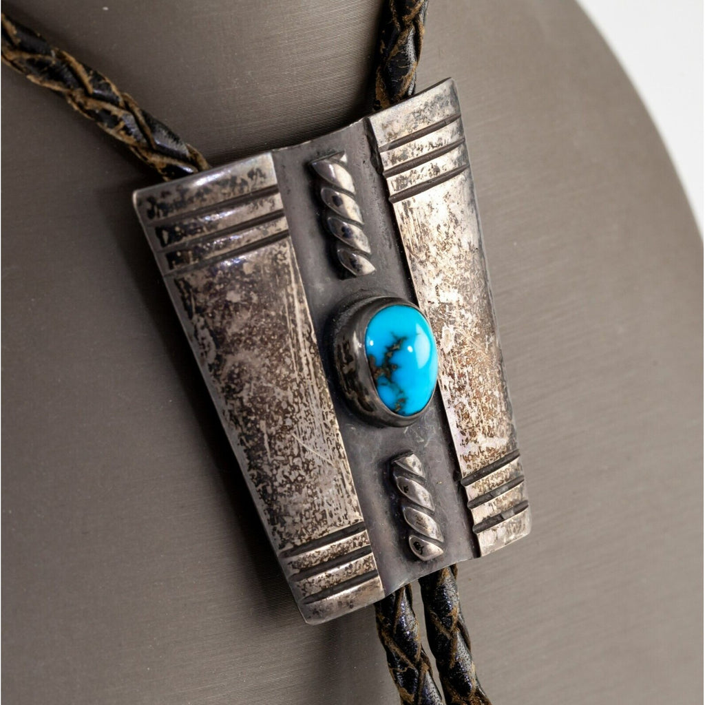Sterling Silver Turquoise Bolo Tie with Braided Leather One Missing Aglet