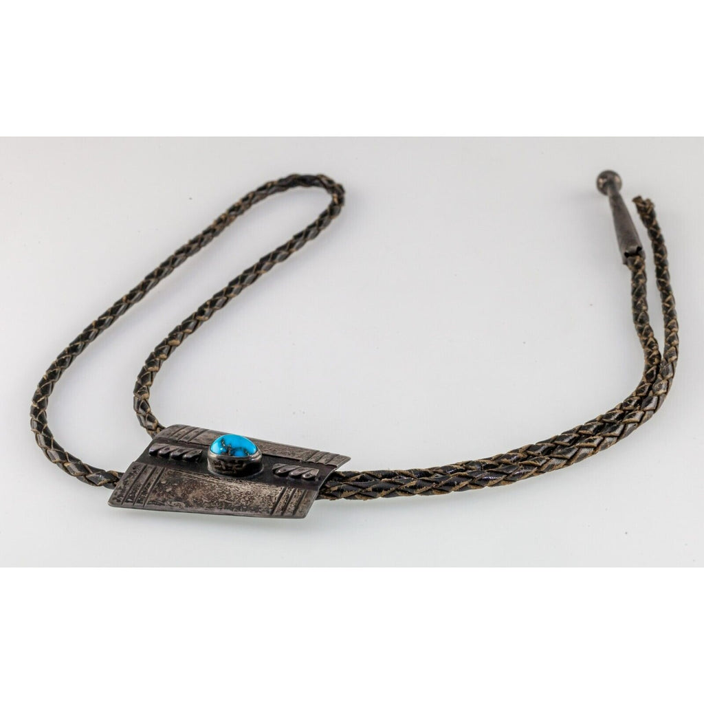 Sterling Silver Turquoise Bolo Tie with Braided Leather One Missing Aglet