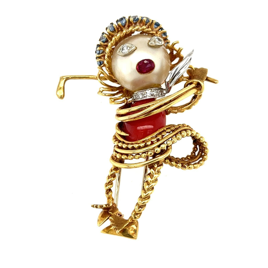 Ian Dessin 18k Gold Coral & Cultured Pearl Golfer Brooch w/ Diamond, Sapphire, Ruby Accents.