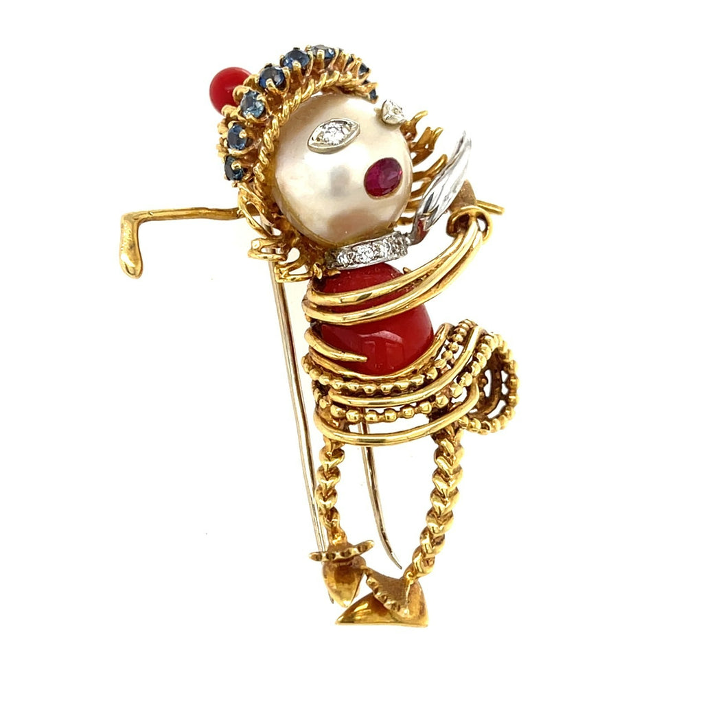 Ian Dessin 18k Gold Coral & Cultured Pearl Golfer Brooch w/ Diamond, Sapphire, Ruby Accents.