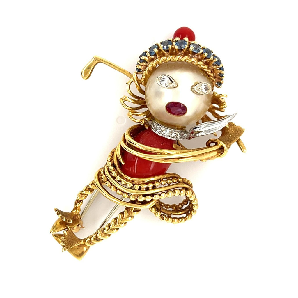Ian Dessin 18k Gold Coral & Cultured Pearl Golfer Brooch w/ Diamond, Sapphire, Ruby Accents.