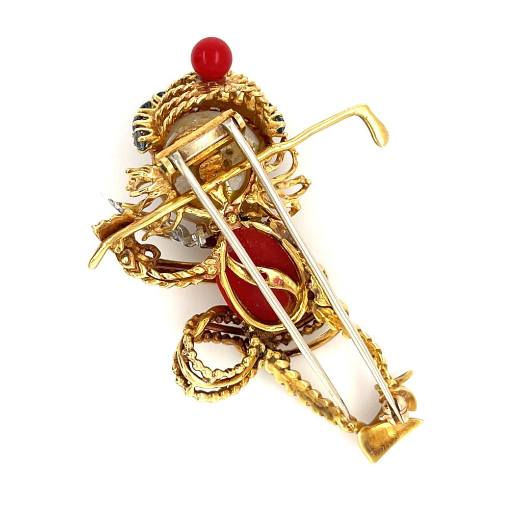 Ian Dessin 18k Gold Coral & Cultured Pearl Golfer Brooch w/ Diamond, Sapphire, Ruby Accents.