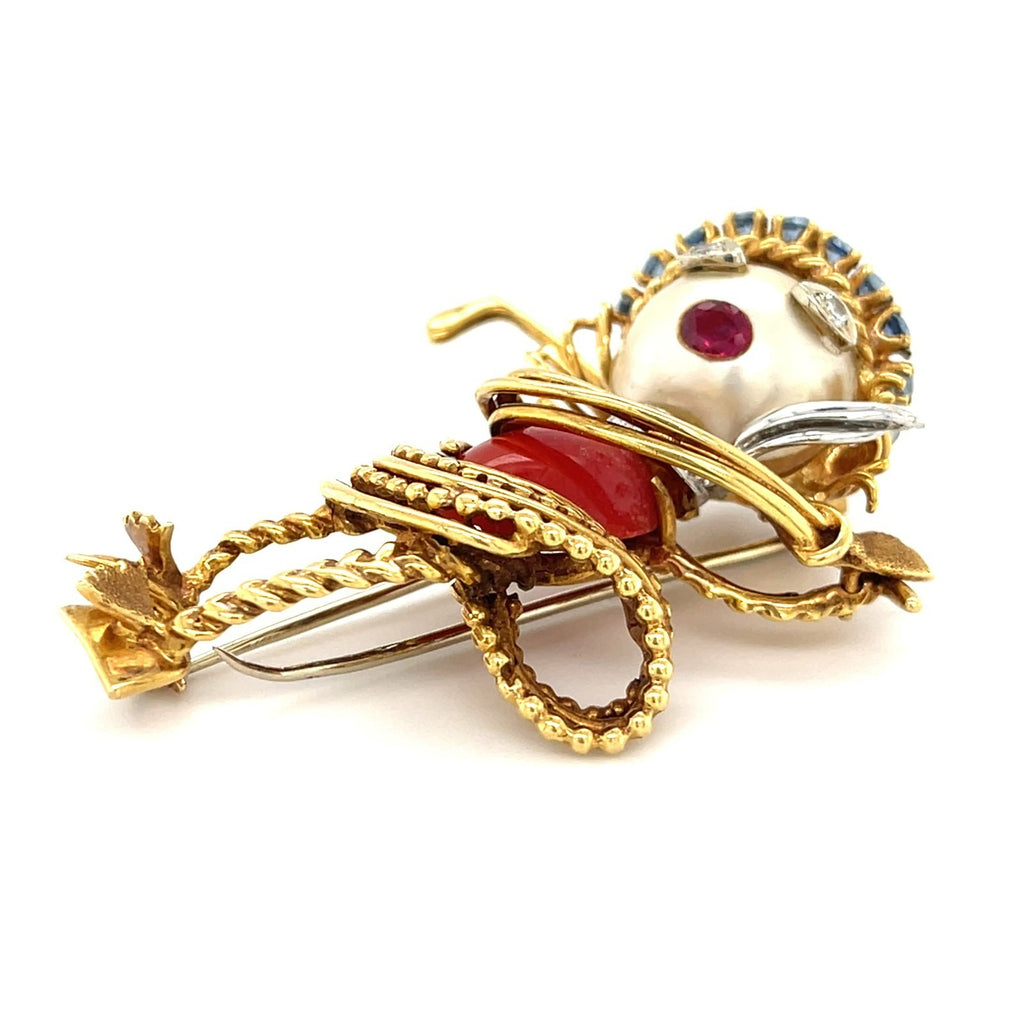Ian Dessin 18k Gold Coral & Cultured Pearl Golfer Brooch w/ Diamond, Sapphire, Ruby Accents.