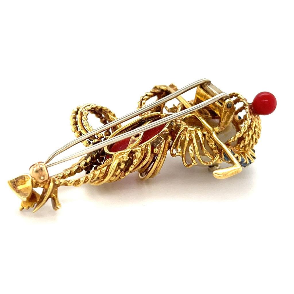 Ian Dessin 18k Gold Coral & Cultured Pearl Golfer Brooch w/ Diamond, Sapphire, Ruby Accents.