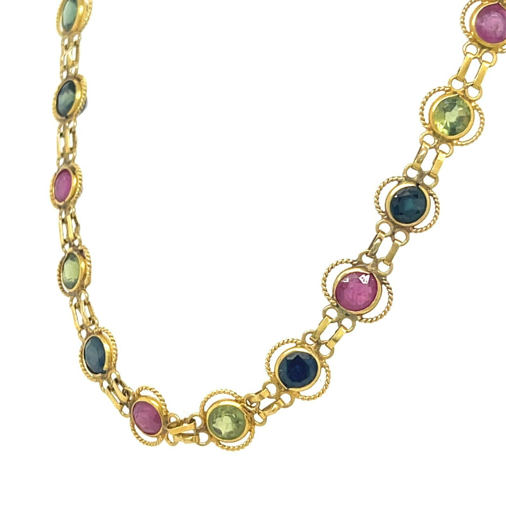 18k Yellow Gold Bezel-Set Multi-Gem Chain Necklace 26" Adorable!