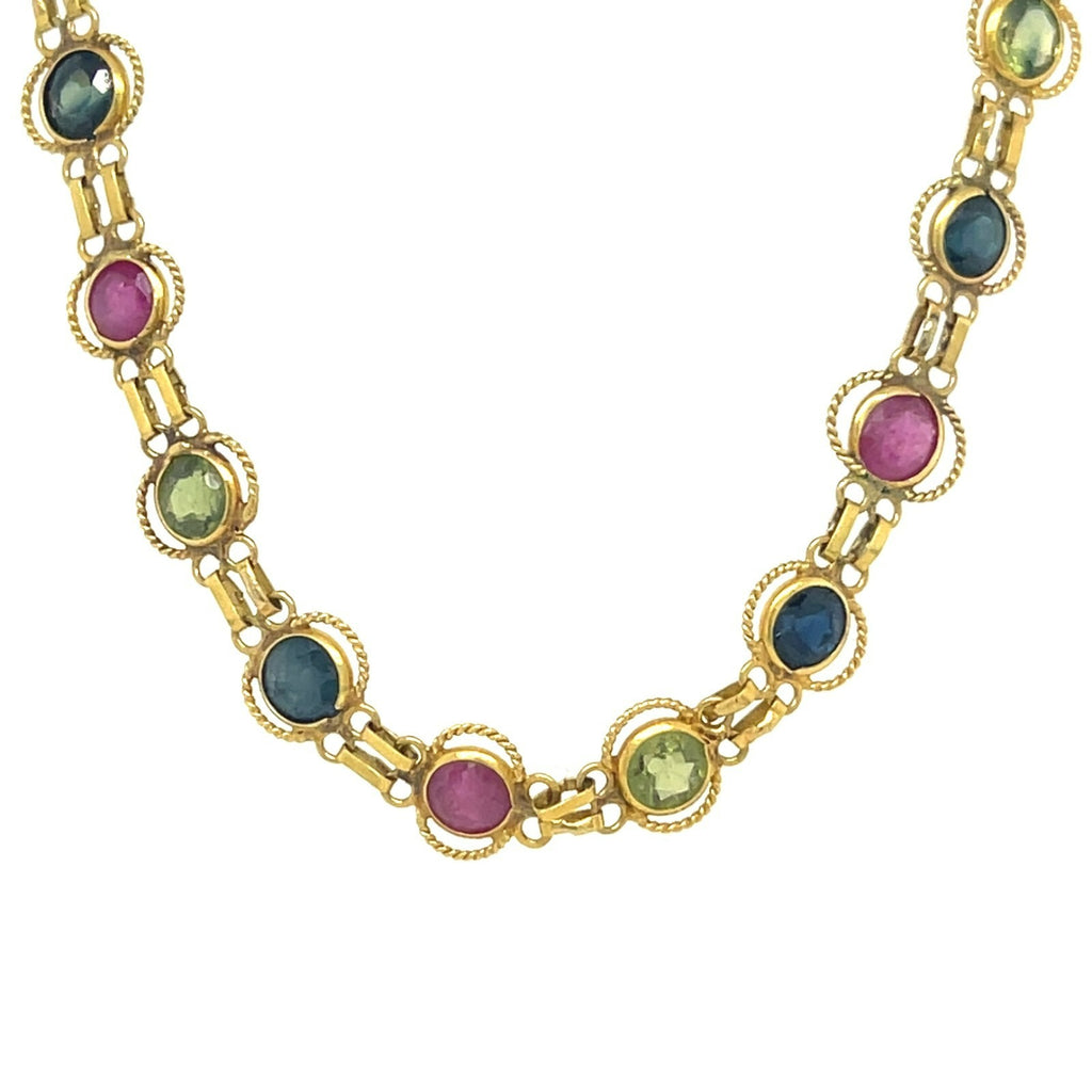 18k Yellow Gold Bezel-Set Multi-Gem Chain Necklace 26" Adorable!