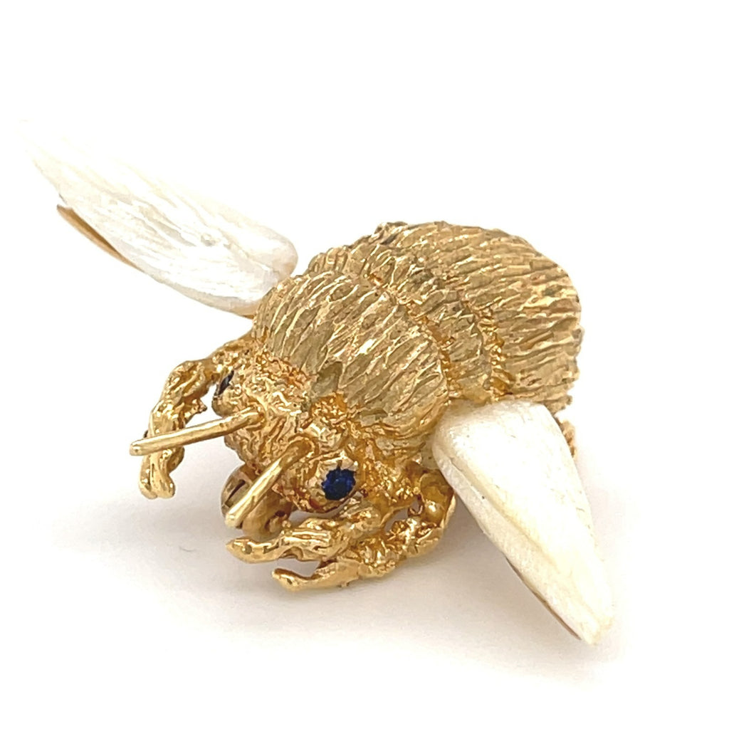 Ruser 14K Gold & Mississippi River Pearl Bee Brooch w/ Sapphire Eyes.