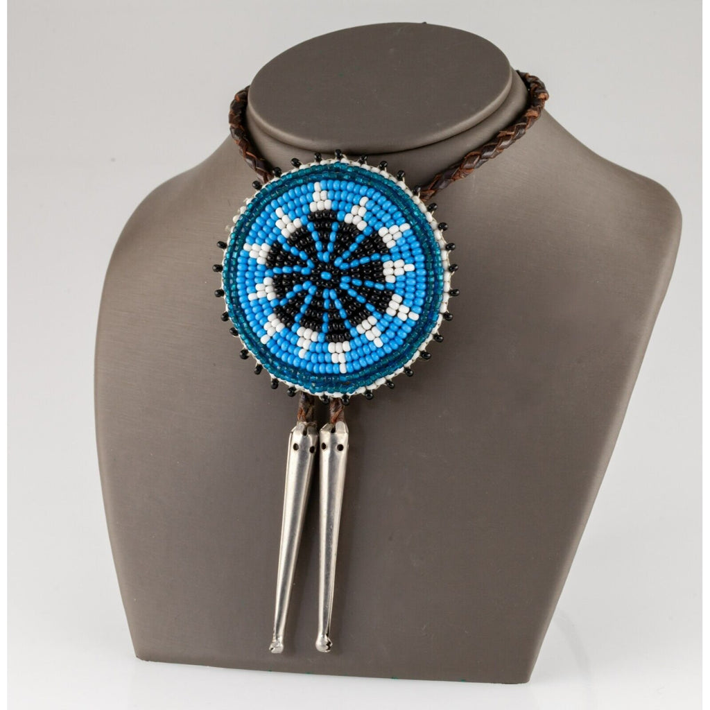 Seed Bead Sunburst Bolo Tie with Braided Leather Strand and Silver Aglets