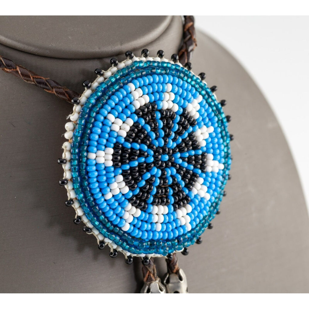 Seed Bead Sunburst Bolo Tie with Braided Leather Strand and Silver Aglets