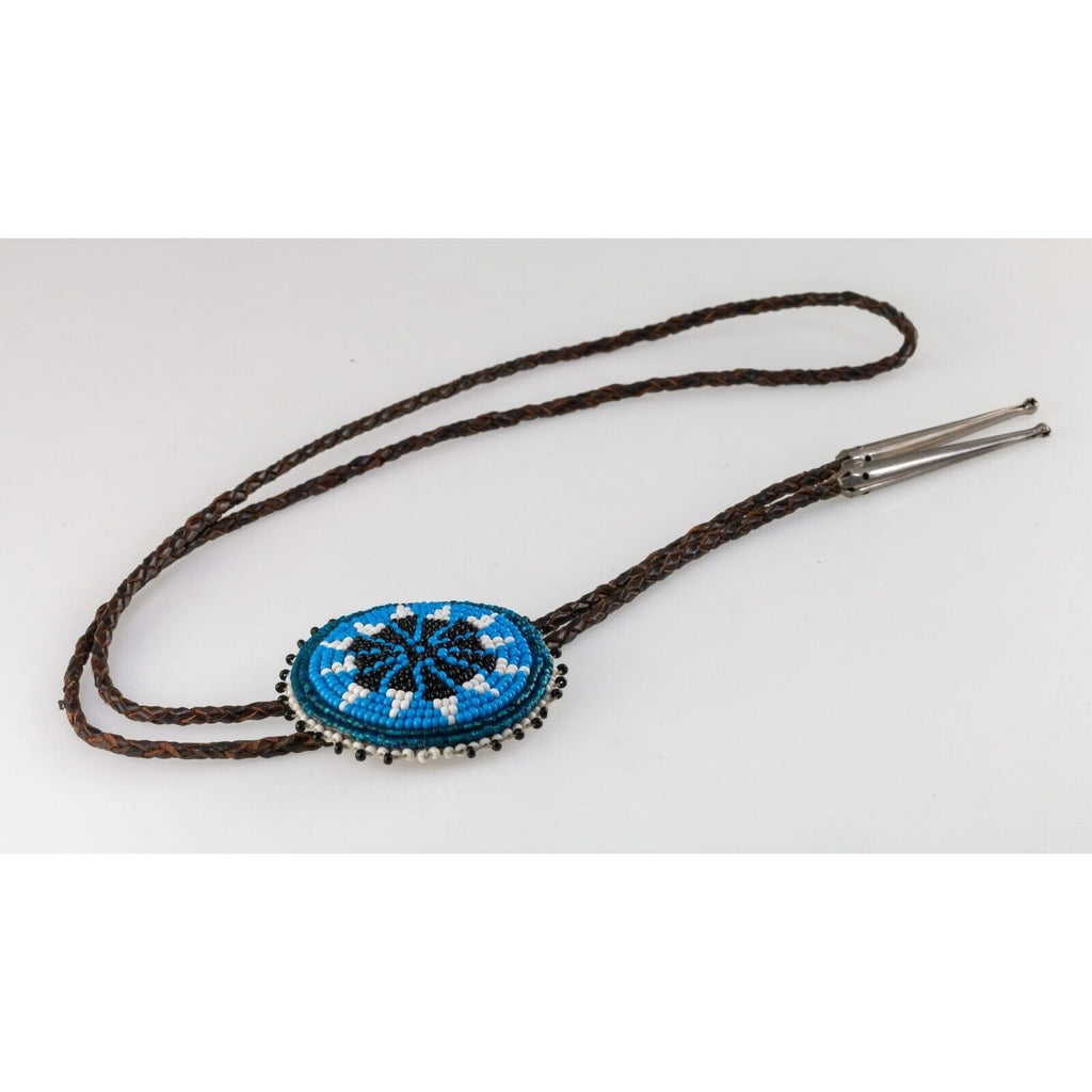 Seed Bead Sunburst Bolo Tie with Braided Leather Strand and Silver Aglets