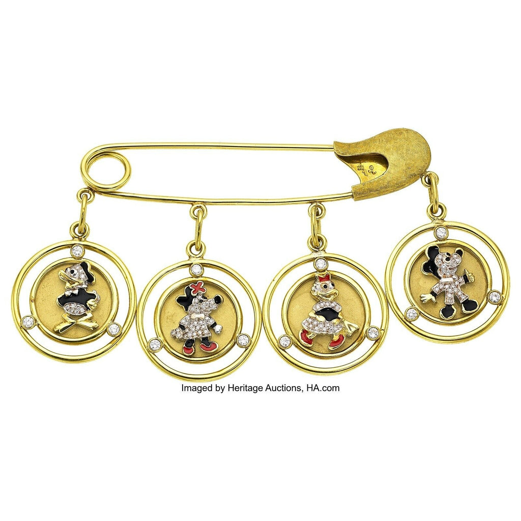 Whimsical Disney Inspired 18k Yellow Gold Diamond Brooch w/Charms 108.90gr
