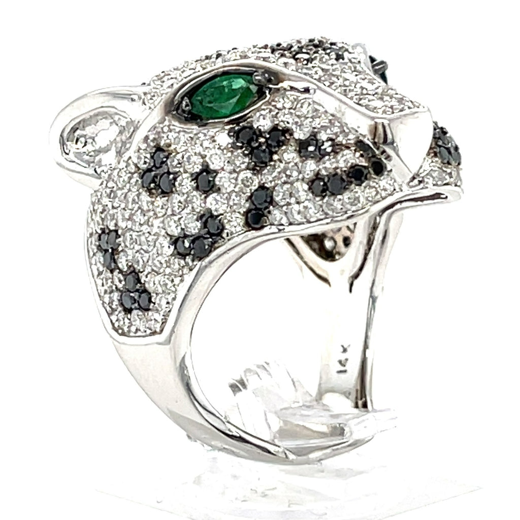 14K White Gold Panther Ring w/ 6.25ct Black & White Diamonds, Emerald Eyes, Size 7.25
