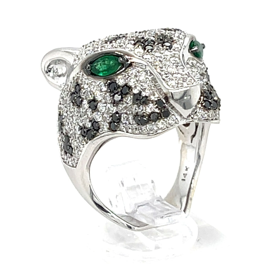 14K White Gold Panther Ring w/ 6.25ct Black & White Diamonds, Emerald Eyes, Size 7.25