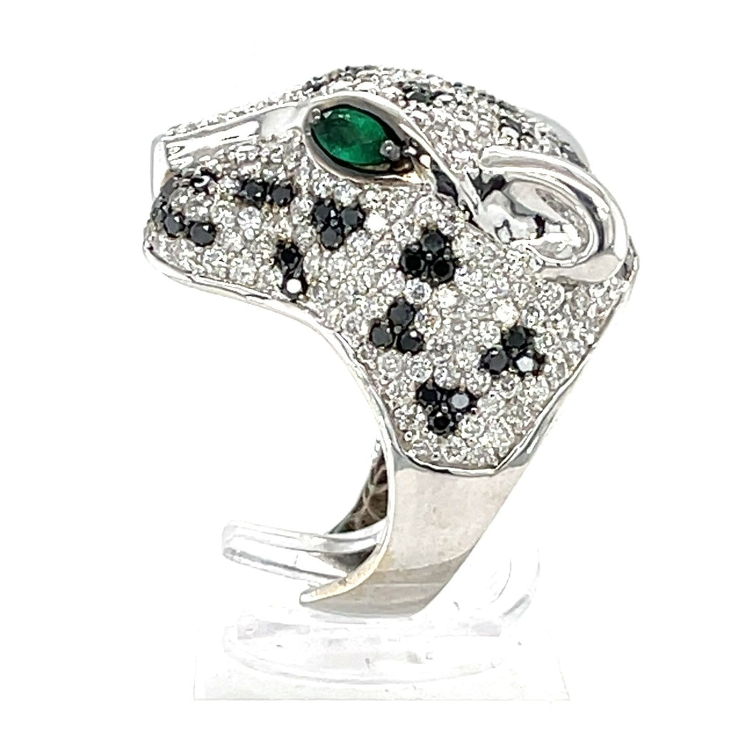 14K White Gold Panther Ring w/ 6.25ct Black & White Diamonds, Emerald Eyes, Size 7.25