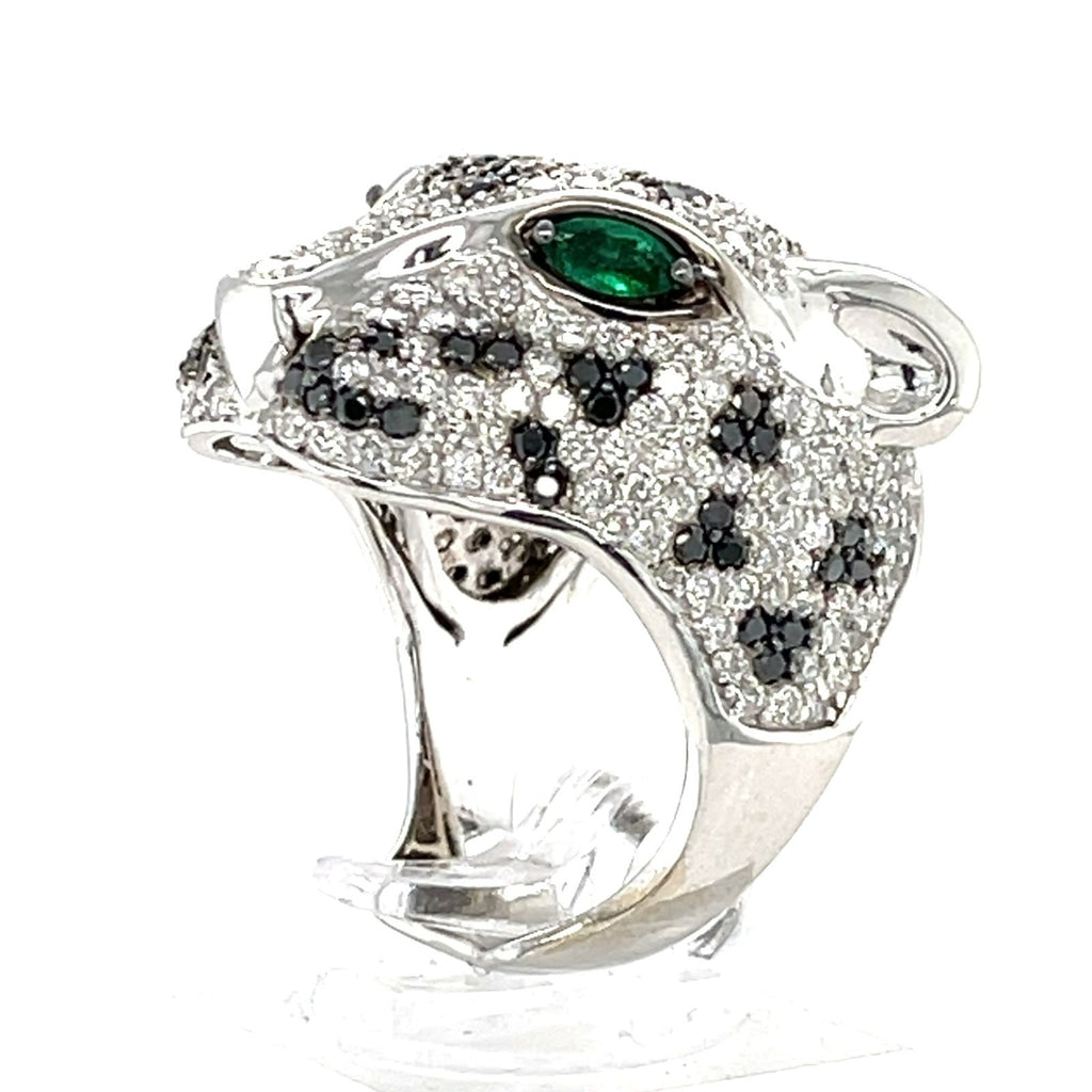 14K White Gold Panther Ring w/ 6.25ct Black & White Diamonds, Emerald Eyes, Size 7.25