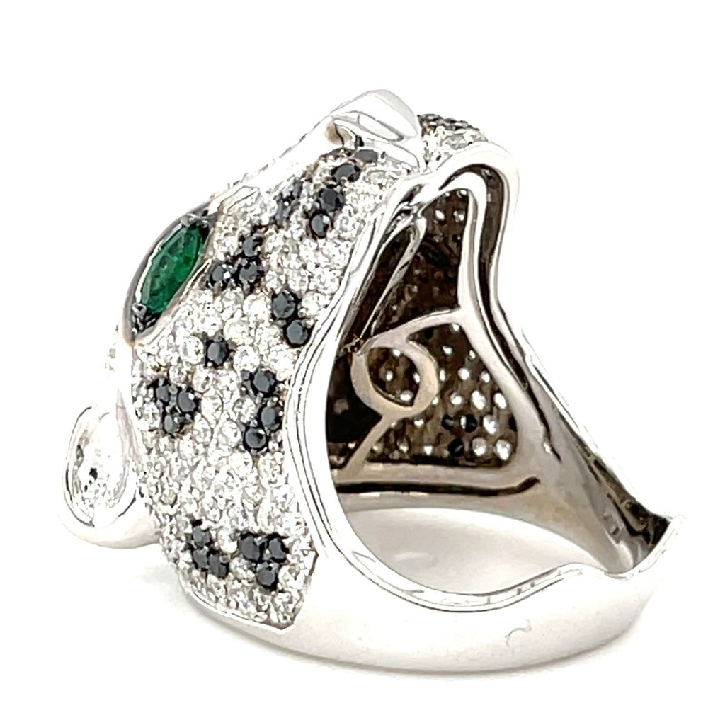 14K White Gold Panther Ring w/ 6.25ct Black & White Diamonds, Emerald Eyes, Size 7.25