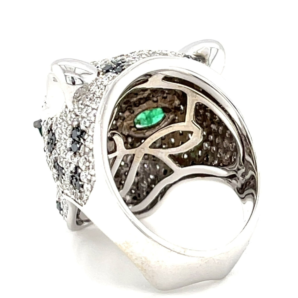 14K White Gold Panther Ring w/ 6.25ct Black & White Diamonds, Emerald Eyes, Size 7.25