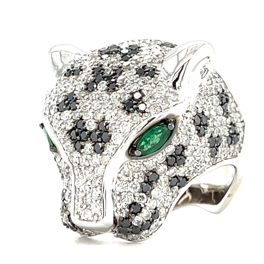 14K White Gold Panther Ring w/ 6.25ct Black & White Diamonds, Emerald Eyes, Size 7.25