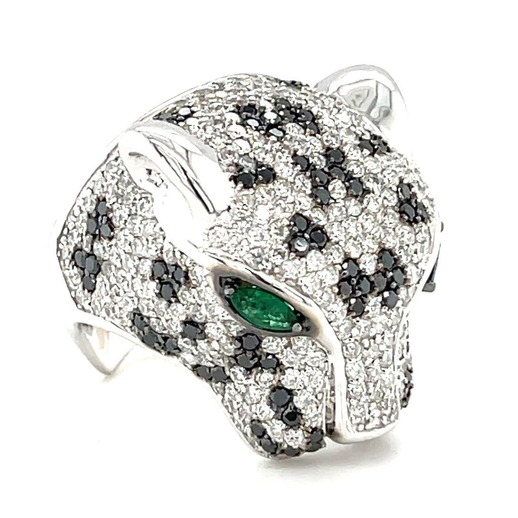 14K White Gold Panther Ring w/ 6.25ct Black & White Diamonds, Emerald Eyes, Size 7.25