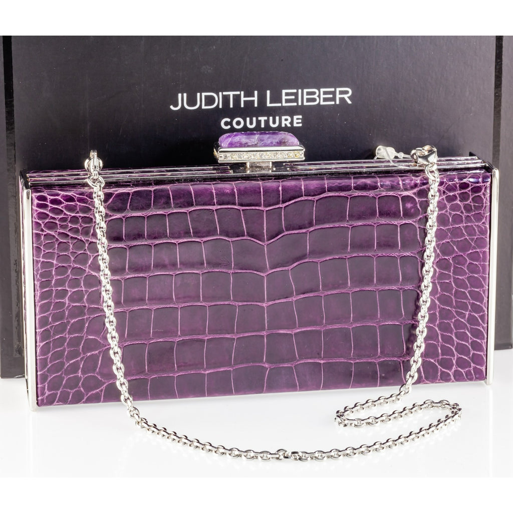 Judith Leiber Purple Alligator Clutch with Purple Swarovski Crystal Clasp w/ Box