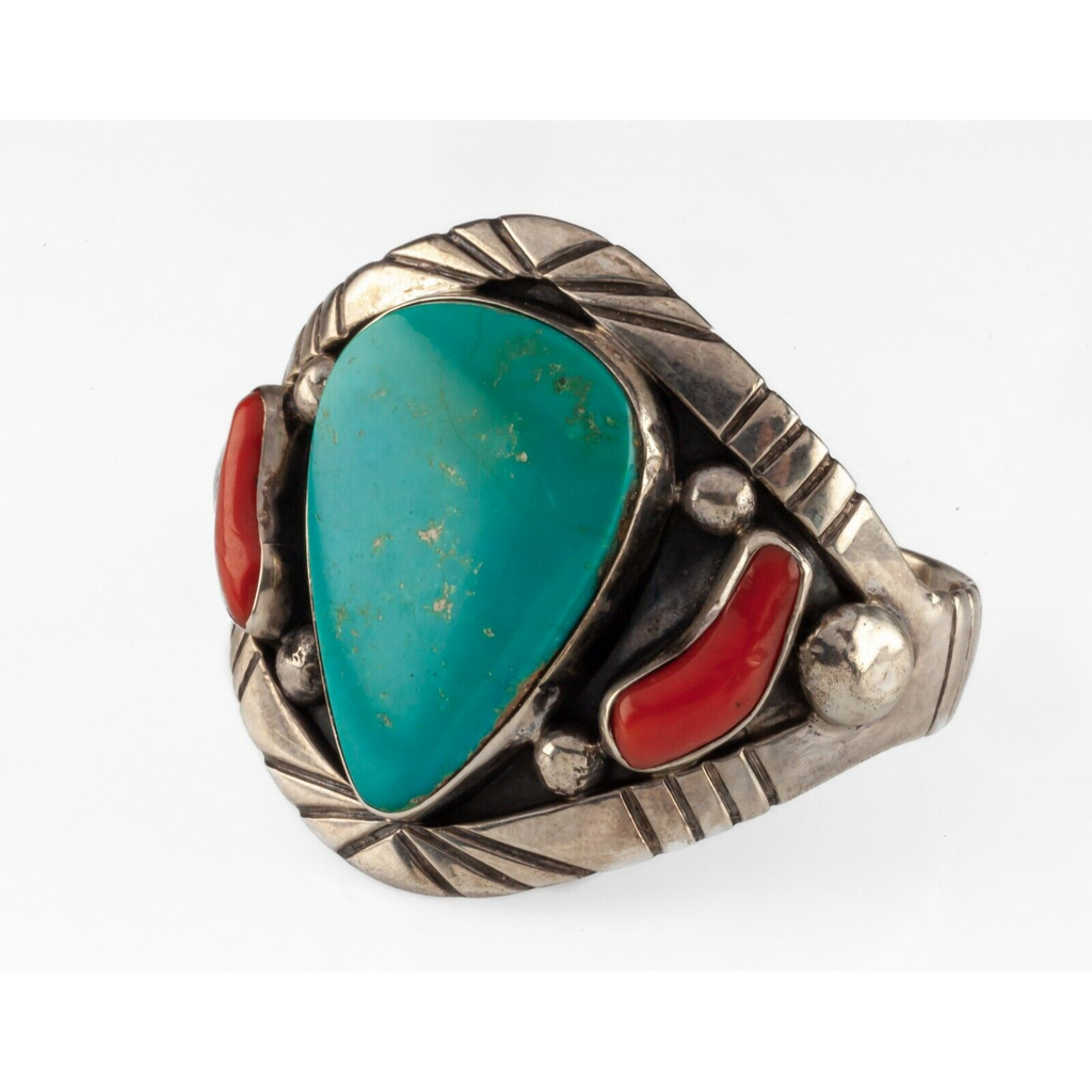 Navajo Kelvis Josh Turquoise & Coral Wide Cuff Bracelet 68.5gr