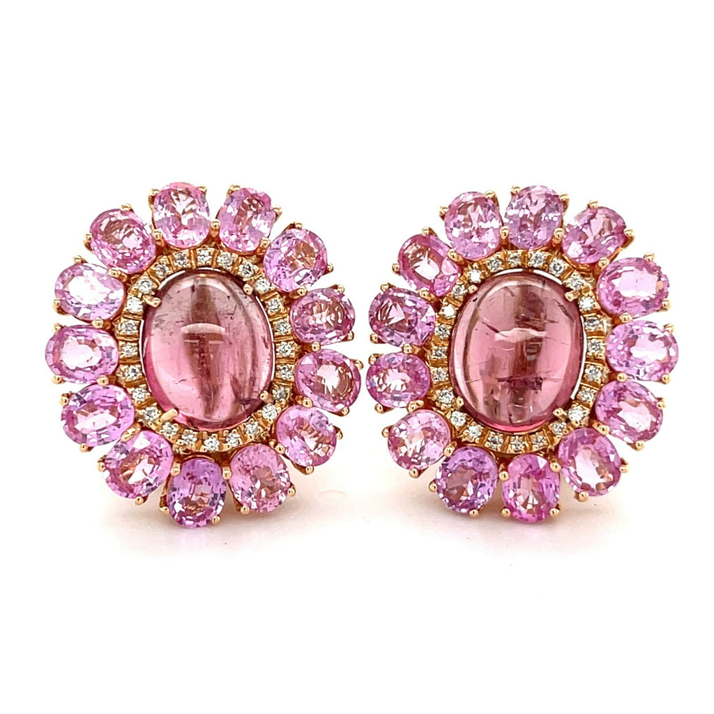 18k Rose Gold & Pink Tourmaline Huggie Earrings w/ 13ct Pink Sapphire, 0.5ct Diamond