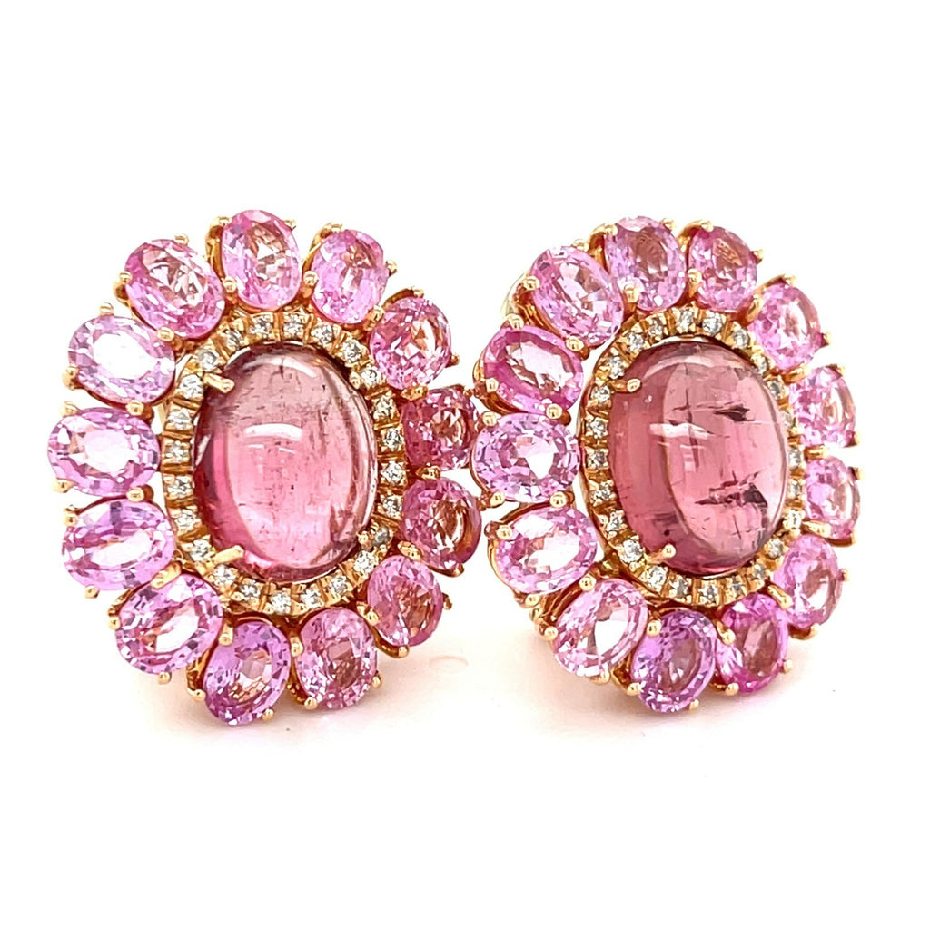 18k Rose Gold & Pink Tourmaline Huggie Earrings w/ 13ct Pink Sapphire, 0.5ct Diamond