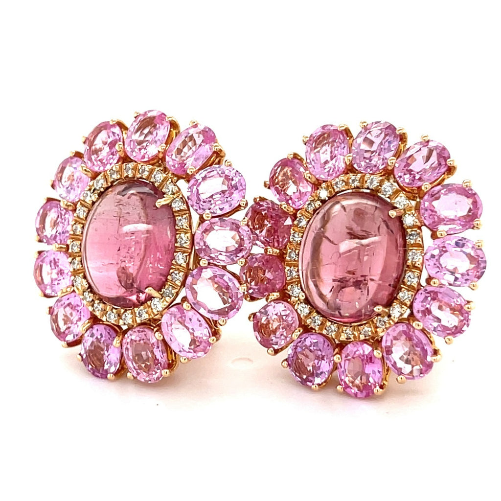 18k Rose Gold & Pink Tourmaline Huggie Earrings w/ 13ct Pink Sapphire, 0.5ct Diamond