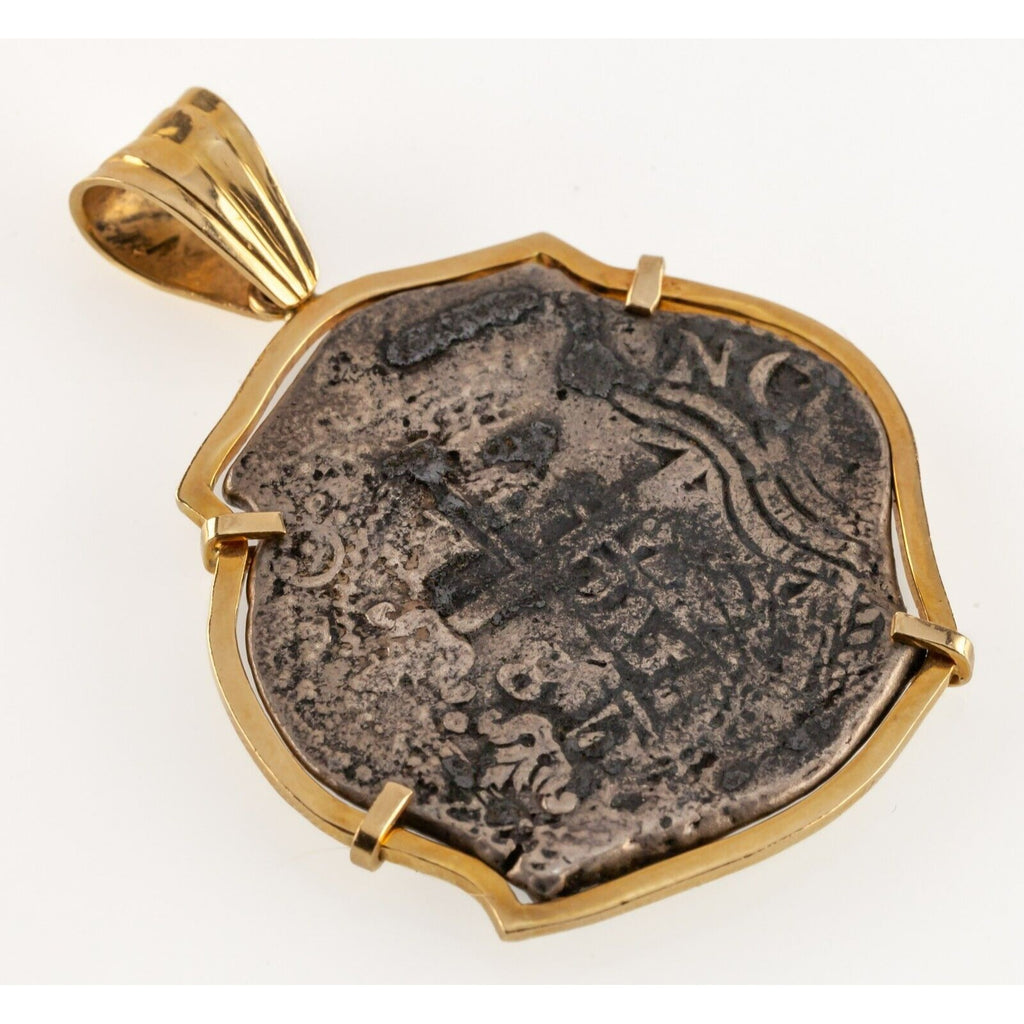 1672 8 Reales Shipwreck Coin in Custom 14k Yellow Gold Bezel w/ Bail