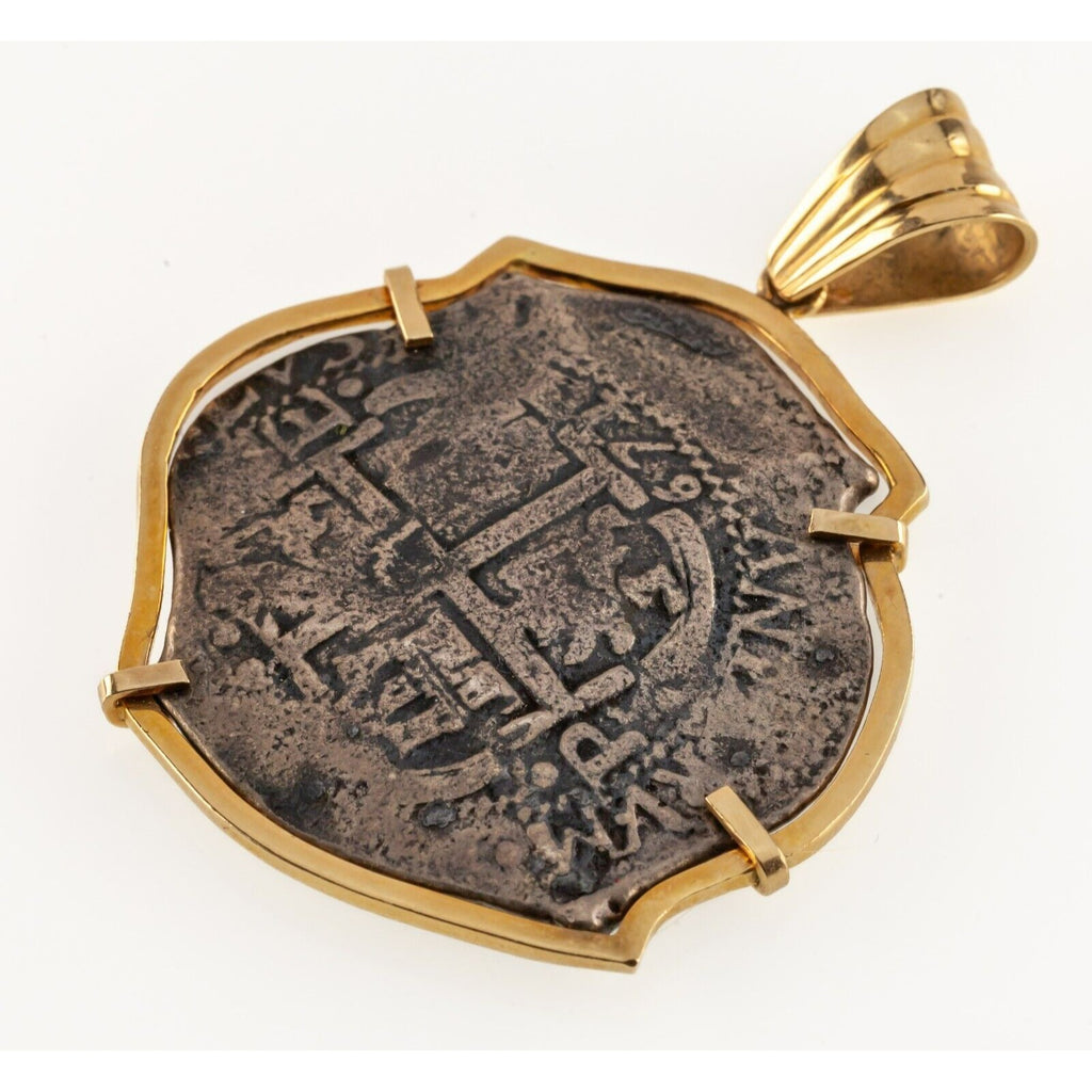 1672 8 Reales Shipwreck Coin in Custom 14k Yellow Gold Bezel w/ Bail