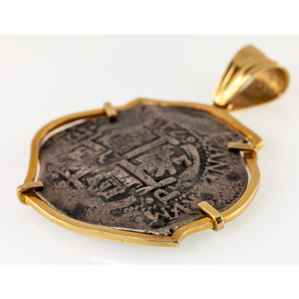 1672 8 Reales Shipwreck Coin in Custom 14k Yellow Gold Bezel w/ Bail