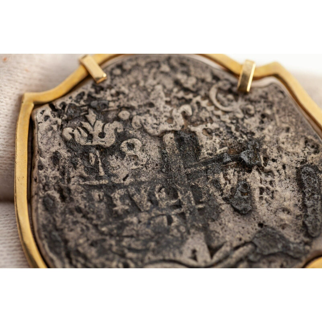 1672 8 Reales Shipwreck Coin in Custom 14k Yellow Gold Bezel w/ Bail