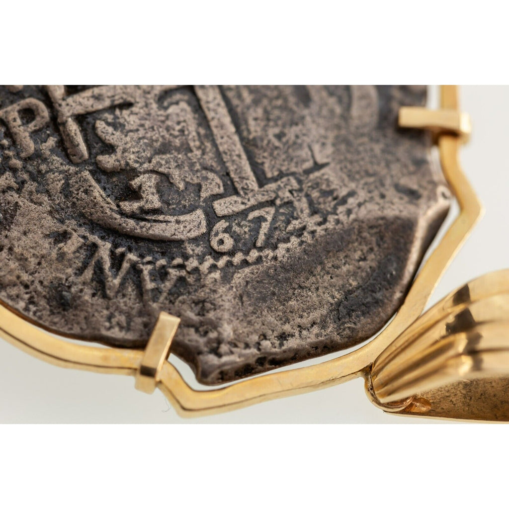 1672 8 Reales Shipwreck Coin in Custom 14k Yellow Gold Bezel w/ Bail