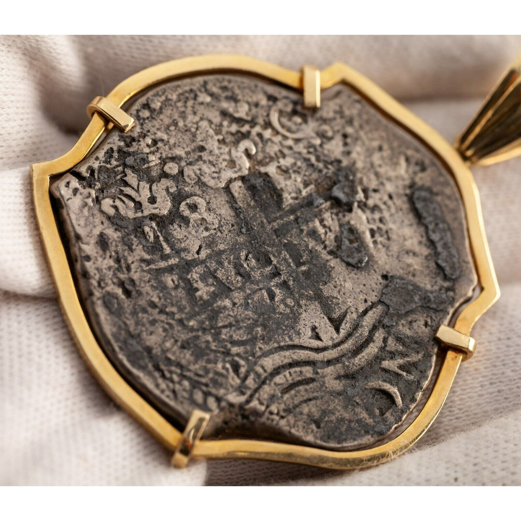 1672 8 Reales Shipwreck Coin in Custom 14k Yellow Gold Bezel w/ Bail