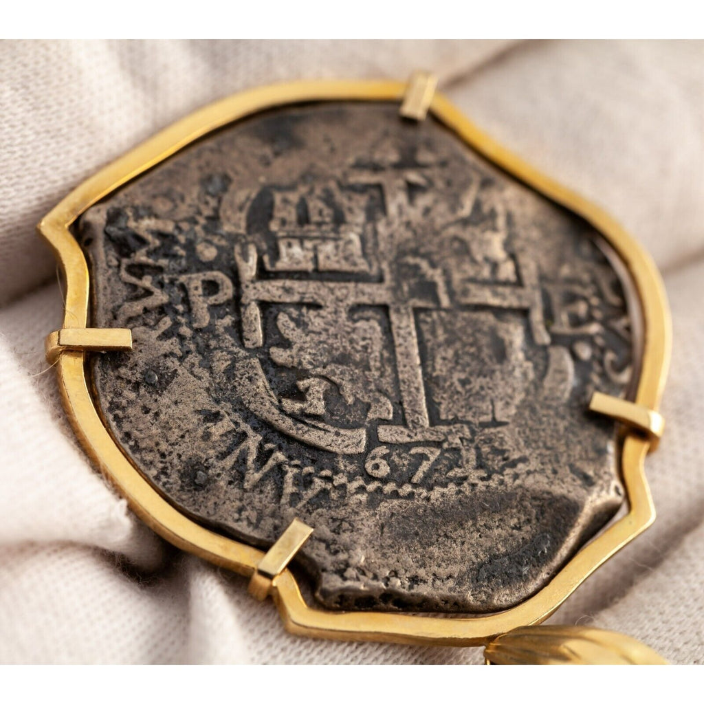1672 8 Reales Shipwreck Coin in Custom 14k Yellow Gold Bezel w/ Bail