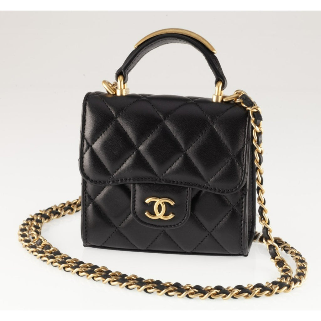 Chanel Quilted Lambskin Top Handle Flap Coin Purse with Chain Box Pouch Tag 22B