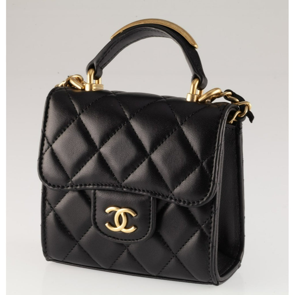 Chanel Quilted Lambskin Top Handle Flap Coin Purse with Chain Box Pouch Tag 22B