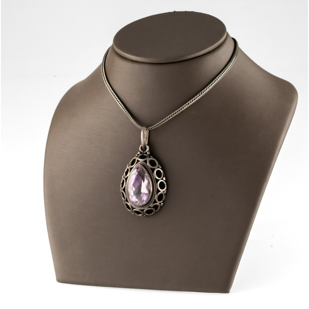 Sterling Silver Purple Quartz Amethyst Pear Shaped Pendant w/ 30" Wheat Chain