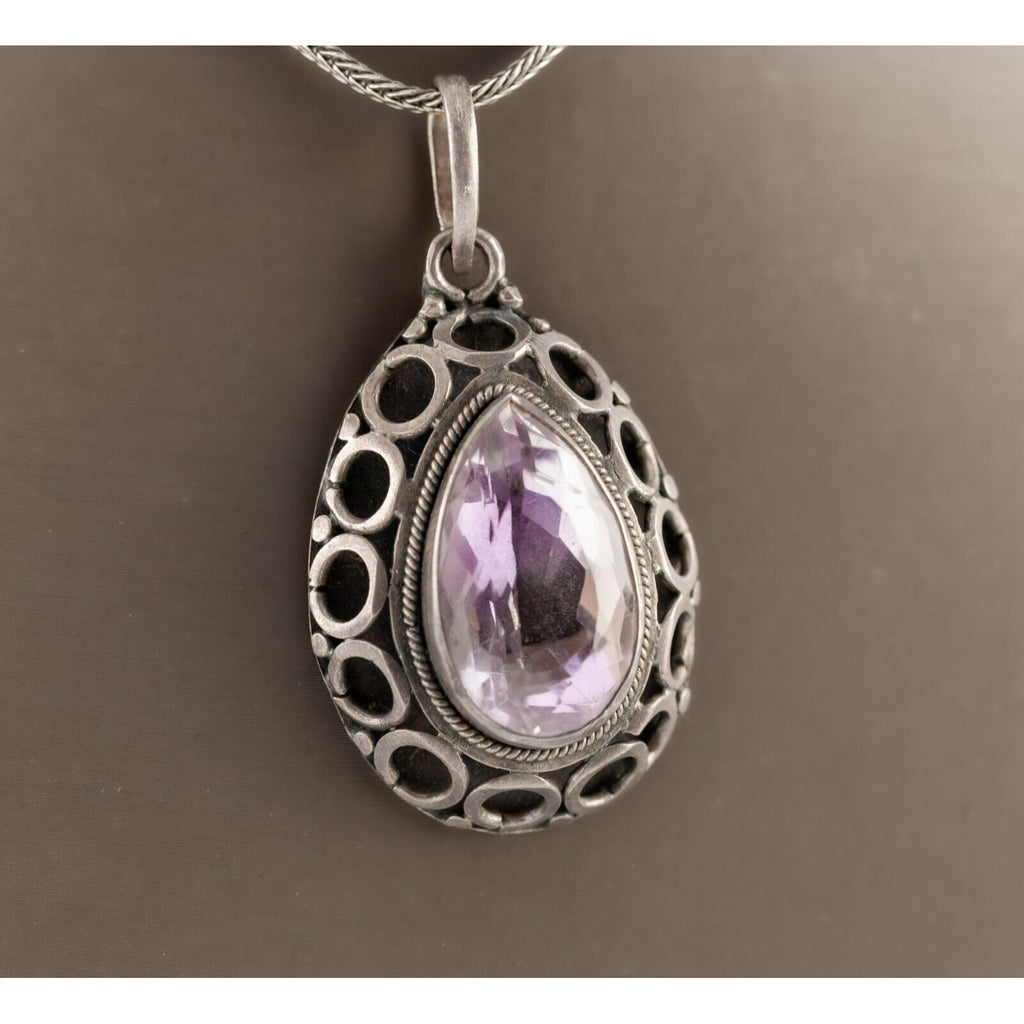 Sterling Silver Purple Quartz Amethyst Pear Shaped Pendant w/ 30" Wheat Chain