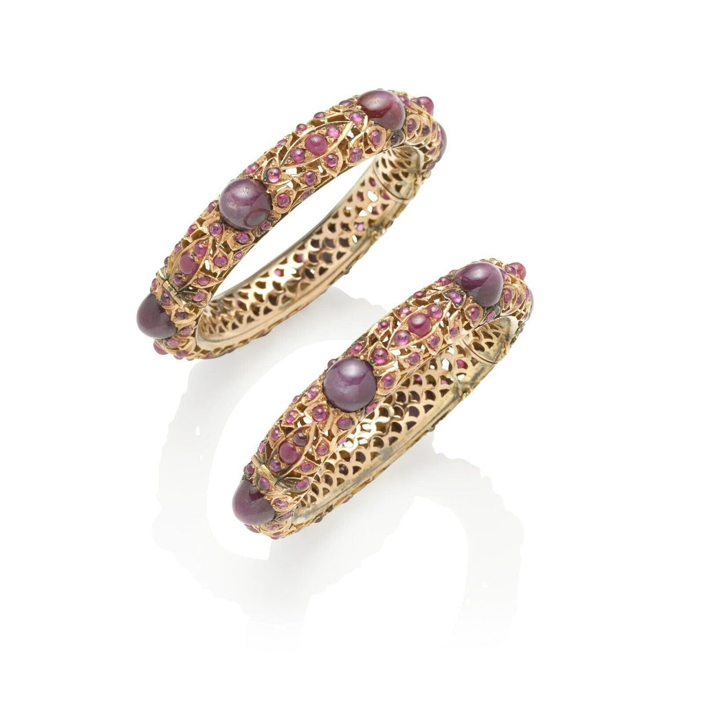 14k Rose Gold Set of 2 Star Ruby Cabochon Bangles TCW = 130.45 ct