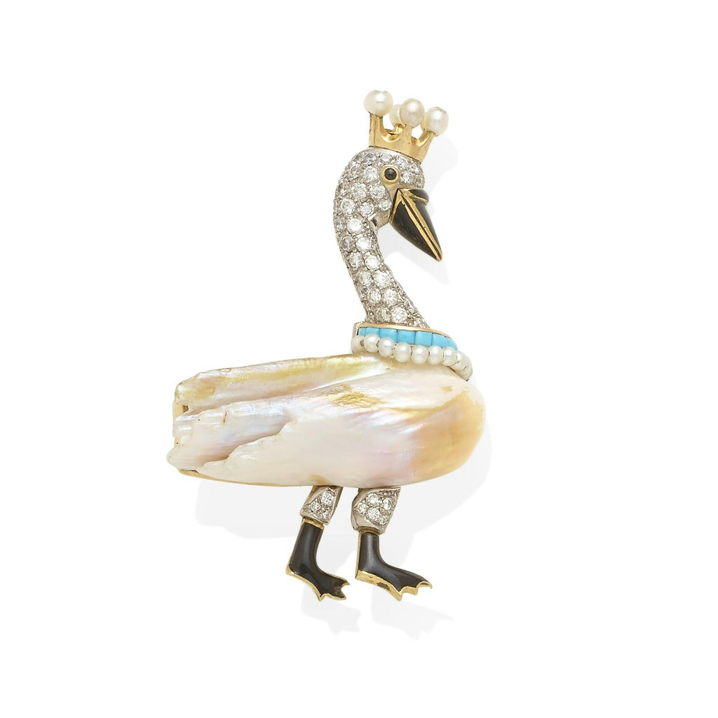 14k Two-Tone Gold Freshwater Pearl Swan Brooch w/ Diamonds & Facs Pearl Report