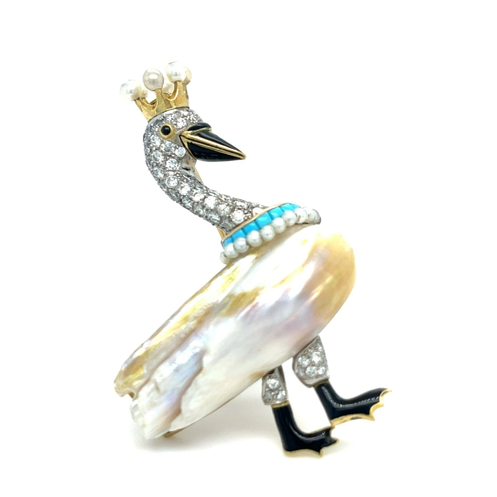 14k Two-Tone Gold Freshwater Pearl Swan Brooch w/ Diamonds & Facs Pearl Report